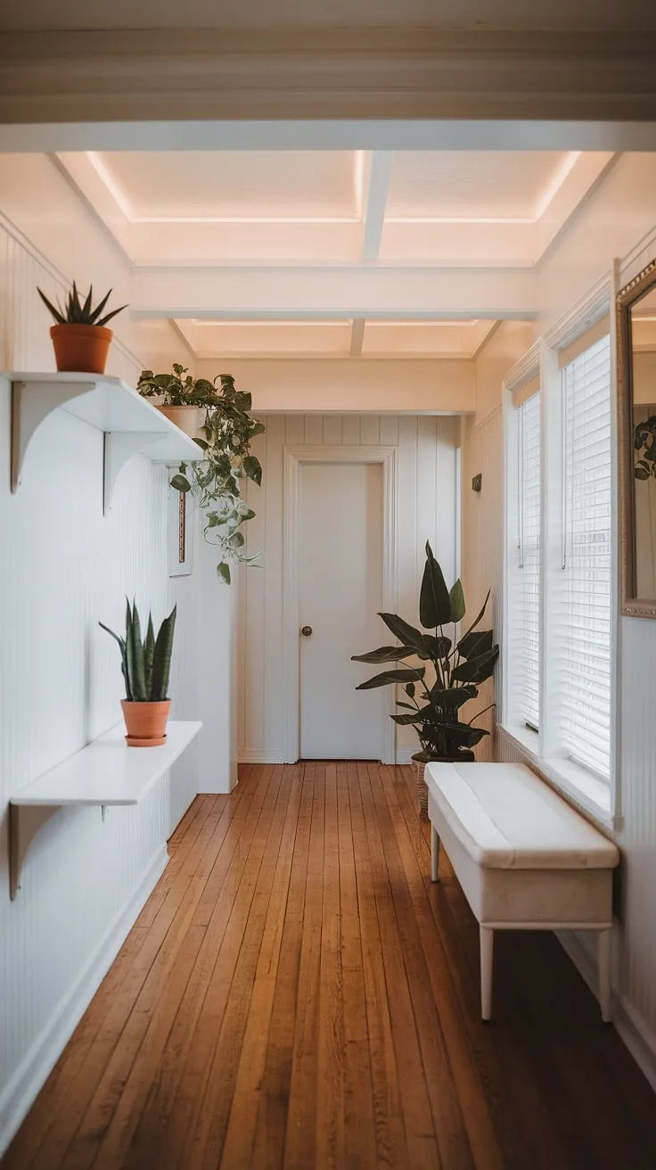 Step into serenity. This mid-century modern hallway, bathed in soft light and minimalist design, evokes a feeling of calm. The clean lines, white walls, and lush greenery create a peaceful transition between spaces. A perfect example of how simple elegance can transform a home.