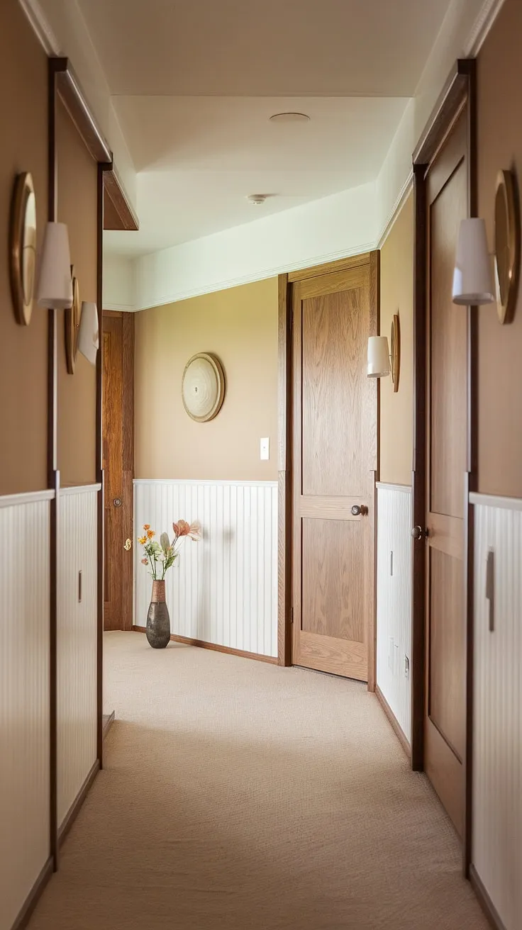 This hallway is a study in understated elegance. A symphony of beige and white, punctuated by warm wood and the soft glow of a lamp, creates a space that is both inviting and supremely calming. The carefully curated details, from the vintage door knobs to the fresh flowers, speak to a life lived with intention and grace. A perfect example of mid-century modern design at its finest.