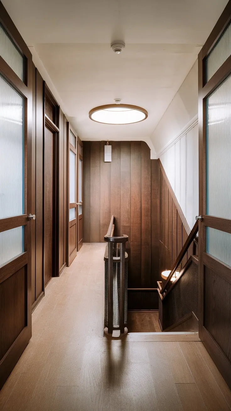 Step into a mid-century modern dream. The rich, dark wood paneling and light wood floors create a timeless elegance, while the frosted glass doors and circular staircase add a touch of playful sophistication. A perfect blend of classic and contemporary design.