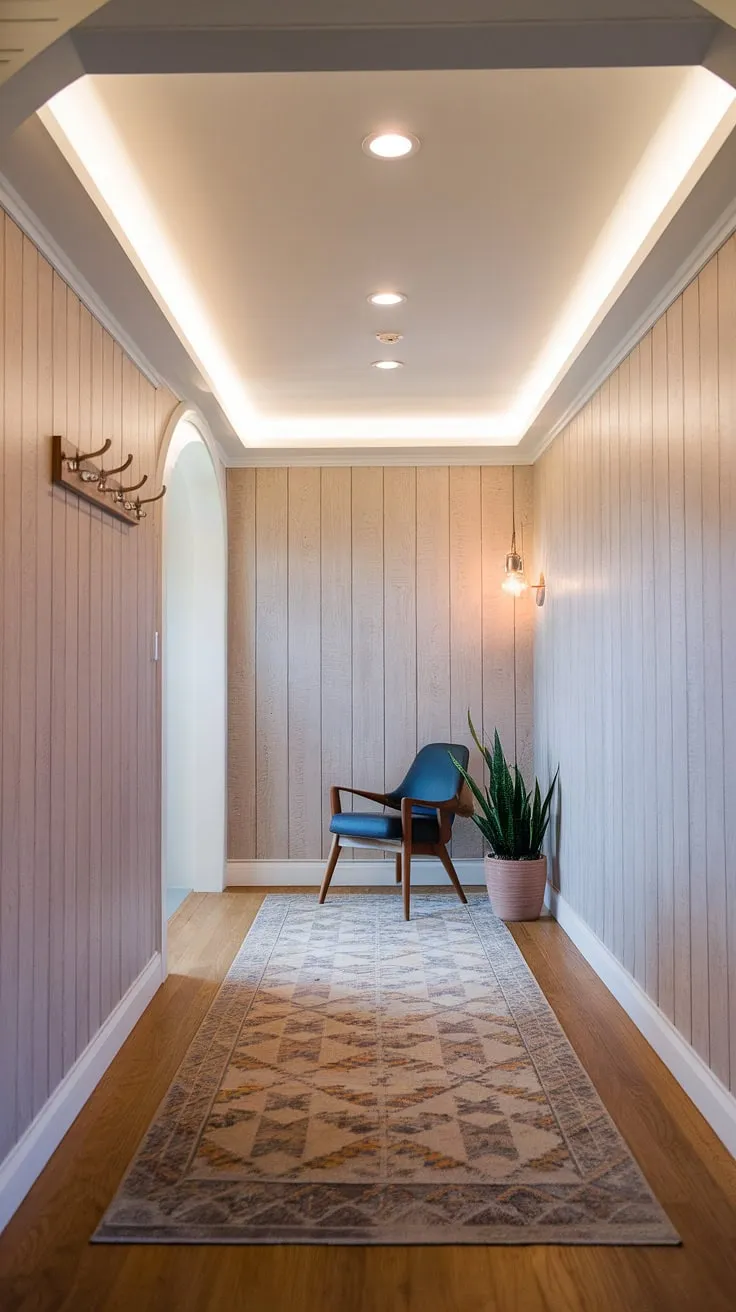 Sunlight streams through the hallway, illuminating the warm embrace of mid-century modern design. The light wood paneling, white trim, and patterned rug create a harmonious blend of textures and tones, while the carefully chosen details-a modern chair, a potted plant, and subtle wall sconces-add personality and warmth. This is more than just a hallway; it's a sanctuary, a reflection of a refined taste and a love for the classic.
