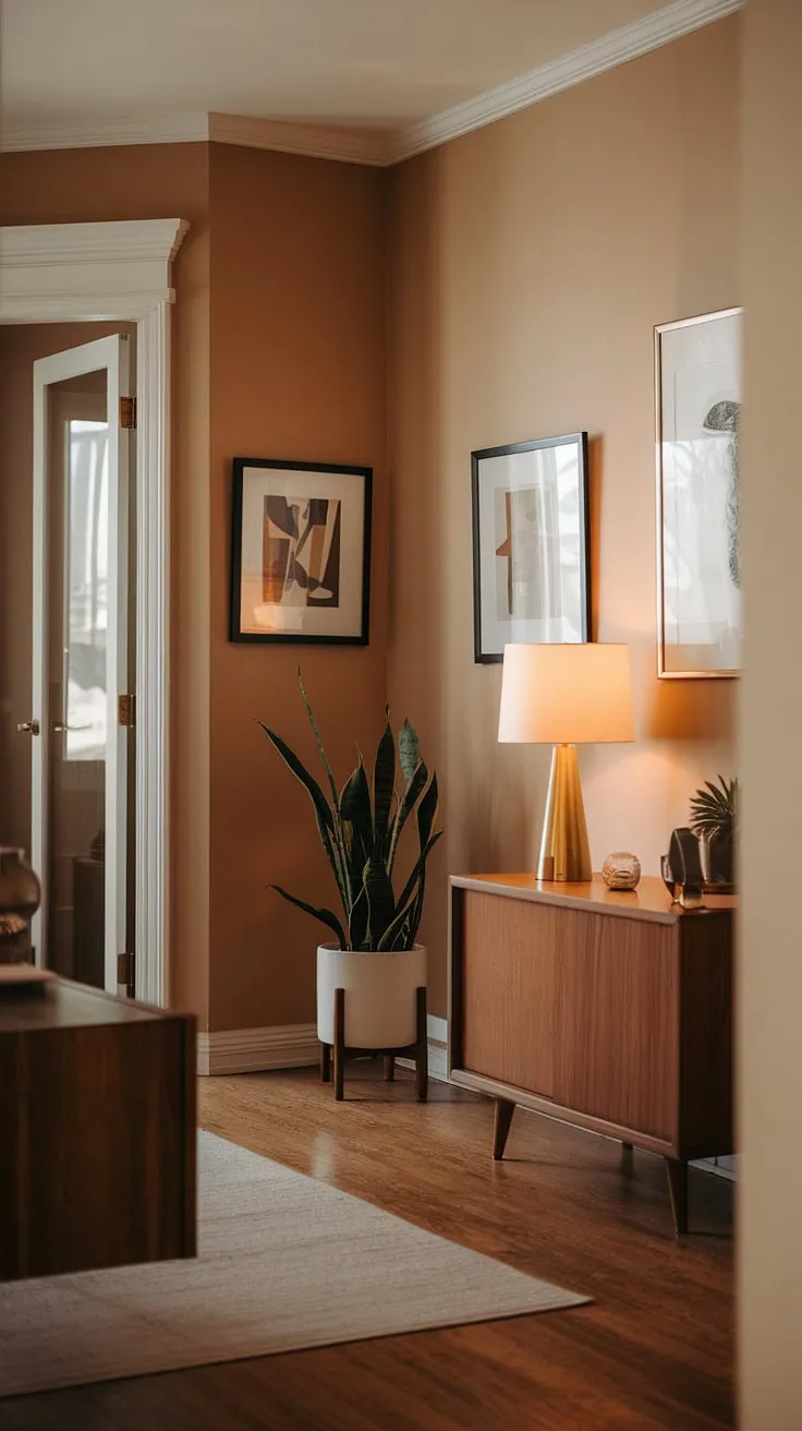 This hallway is a study in understated elegance. The beige walls, rich wood floors, and carefully chosen pieces of furniture-a sleek cabinet, a verdant plant, and a stylish lamp-work together to create a cozy and welcoming atmosphere. The framed artwork adds personality, while the glass-paneled door hints at the beauty beyond. A perfect example of how less can truly be more.