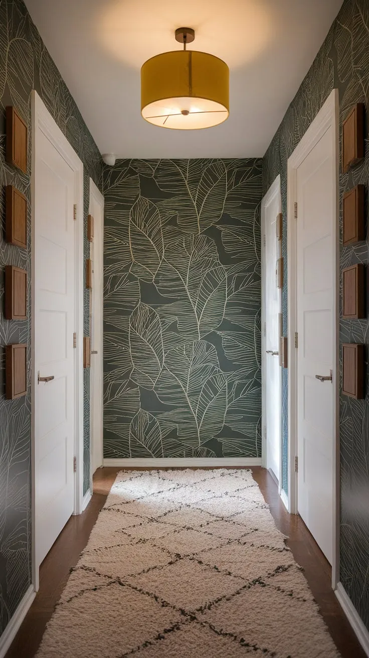 Step into a mid-century modern dream. The rich green wallpaper, punctuated by abstract white leaves, creates a sophisticated atmosphere, perfectly complemented by the soft white rug and the warm glow of the yellow pendant light. A touch of wood paneling adds a subtle, yet impactful, textural element. This hallway is a testament to timeless design.