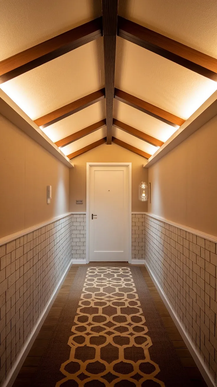 The gentle glow of the warm lighting illuminates the rich textures of this mid-century modern hallway. The interplay of beige walls, dark brown accents in the rug, and the exposed wooden beams above creates a sophisticated and calming ambiance. A timeless design that effortlessly blends comfort and style.