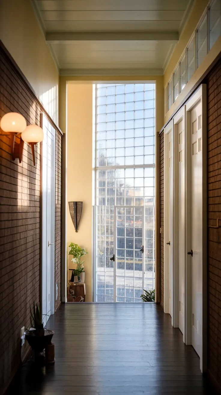 The warmth of the wood, the soft glow of the vintage lamp, and the carefully curated details a all contribute to the serene and sophisticated atmosphere of this mid-century modern hallway, a perfect blend of style and comfort.
