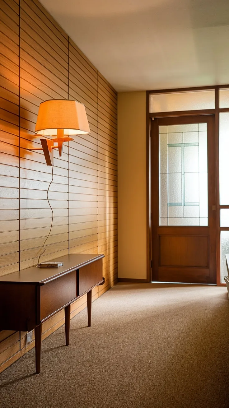 The gentle glow of the vintage lamp illuminates the warm wood paneling of this mid-century hallway. A feeling of serenity washes over you as you walk down the softly carpeted path, towards the light streaming through the glass-paneled door. A peaceful retreat, A journey through time, A beautifully preserved space.