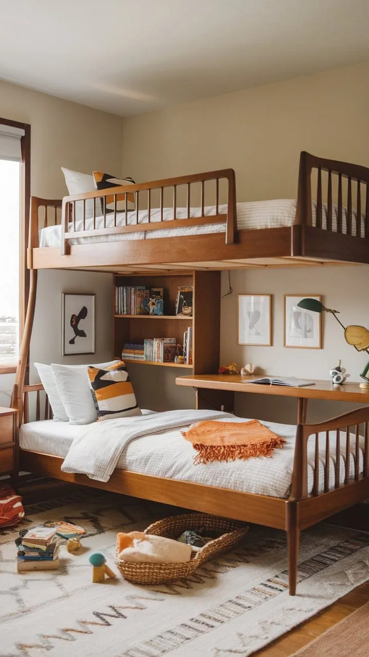 This mid-century modern kids' room seamlessly combines stylish design with functional features, including custom bunk beds and a built-in desk, fostering a serene space for play and learning.