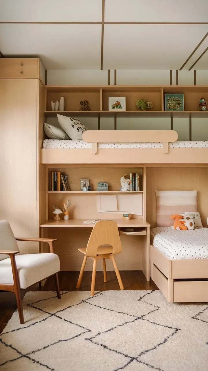 This stylish kids' room masterfully combines mid-century charm with smart functionality, featuring a custom bunk bed that cleverly integrates a desk and storage for a playful yet tidy twin retreat.