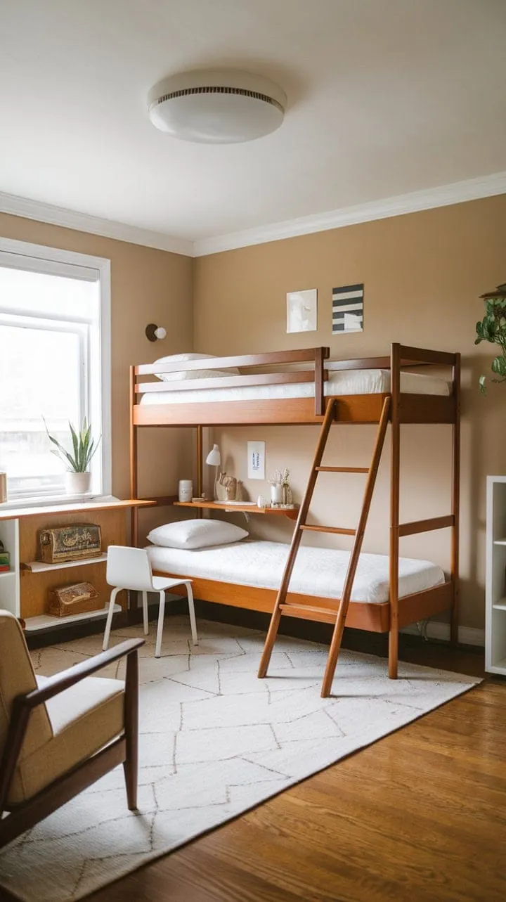 Bathed in sunlight, this enchanting mid-century kids' room harmoniously combines elegant white bunk beds and vibrant green plants, crafting a dreamy retreat for young imaginations.