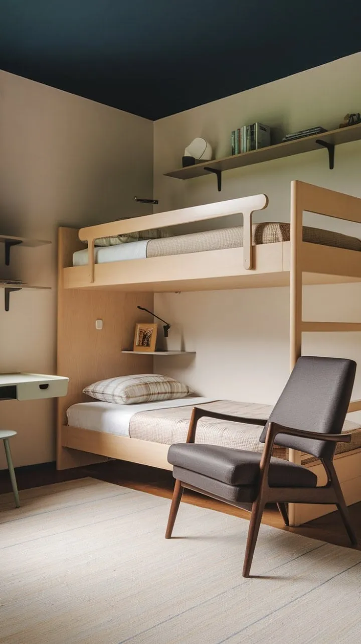 This mid-century modern kids' room blends warm wood and a cool blue ceiling, creating a timeless haven where imagination thrives.
