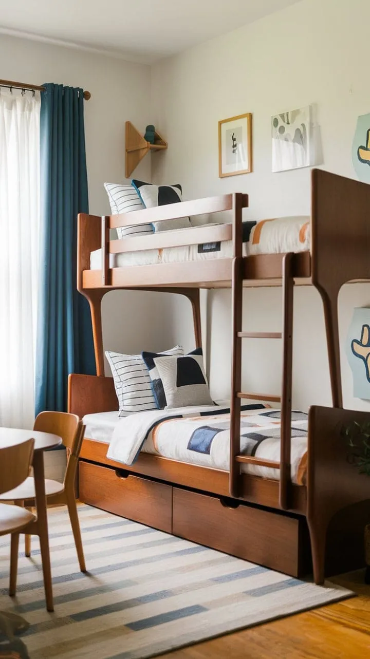 This custom triple bunk bed blends mid-century modern design with childhood whimsy, creating a stylish haven for twins that features a cozy reading nook.
