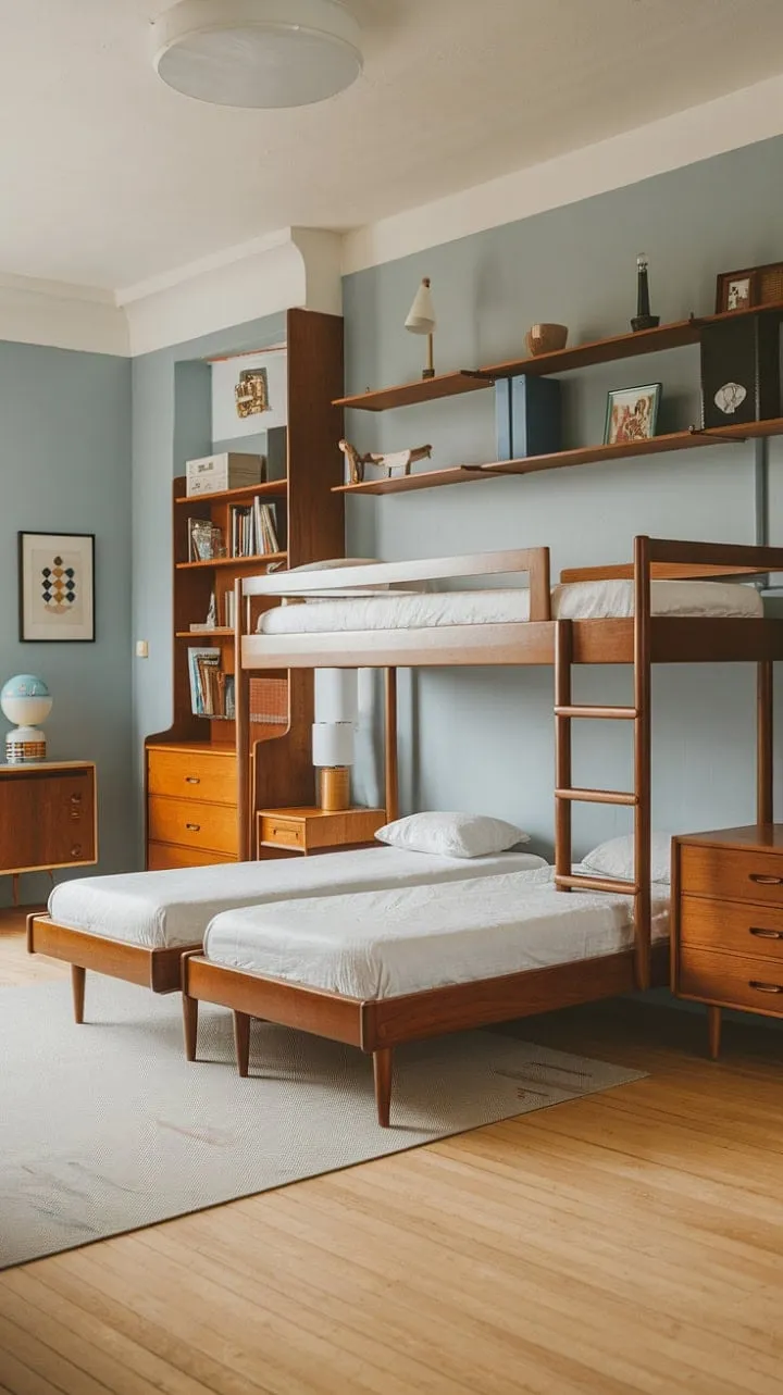 Transform bedtime into a whimsical adventure with this charming mid-century bunk bed haven, featuring cozy spaces for kids of all ages.