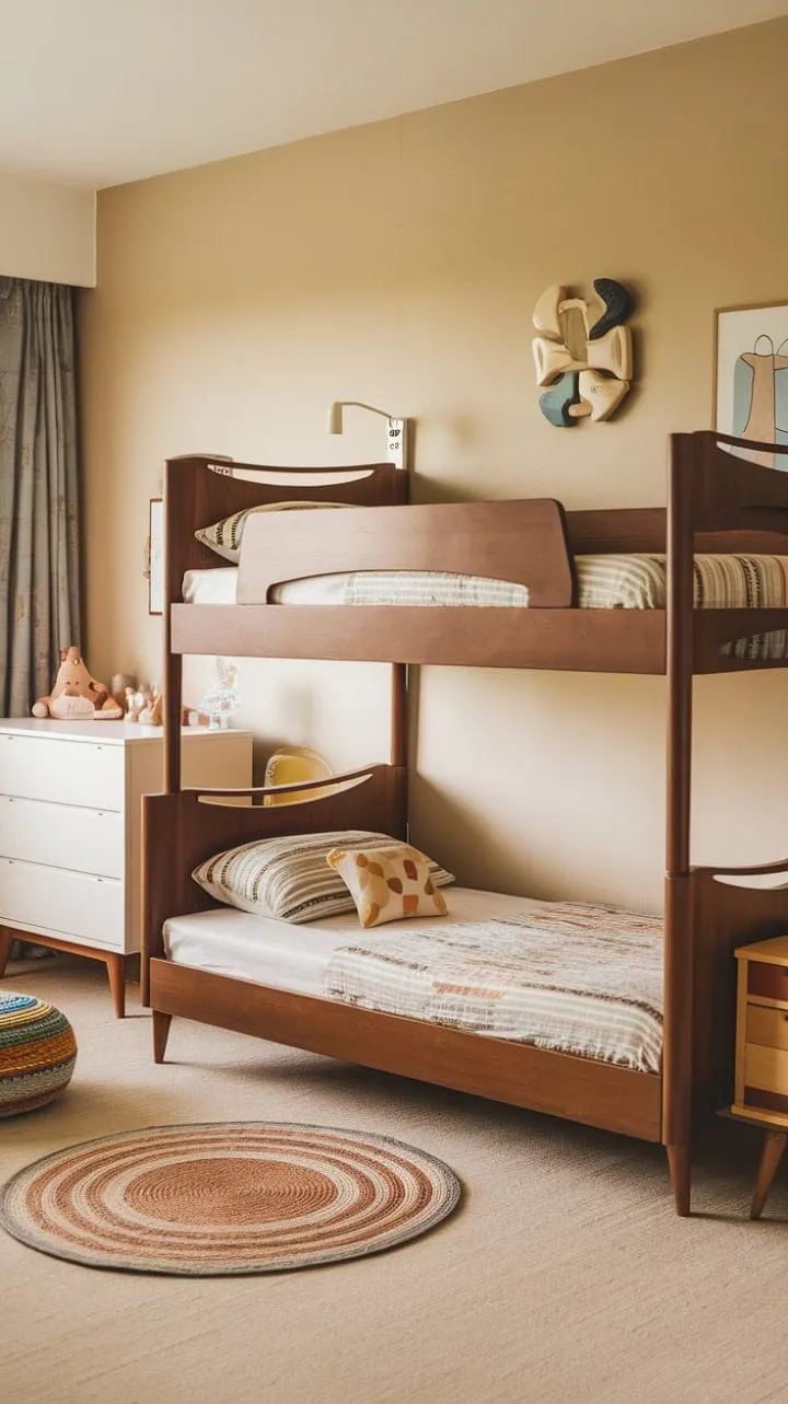 This stylish mid-century modern bunk bed setup turns a kids' room into a captivating retreat that sparks childhood dreams.