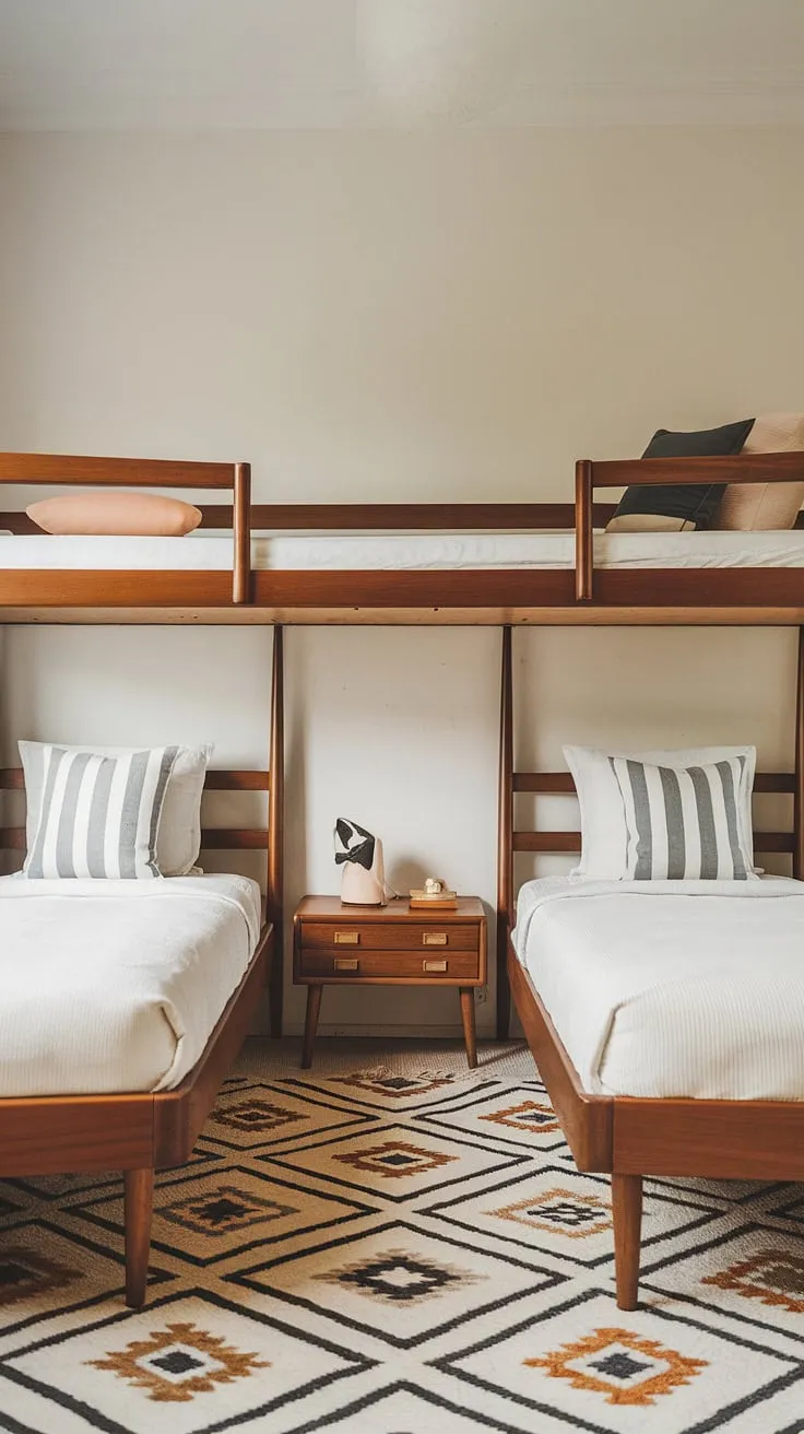 This charming mid-century kids' room is the epitome of simple elegance. The built-in bunk beds maximize space while maintaining a sense of airy calm, creating a haven for restful nights and imaginative play. A perfect blend of form and function.