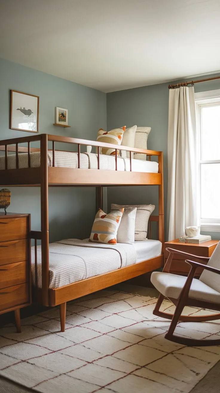 This mid-century modern twin haven is pure childhood magic. The bespoke bunk bed, handcrafted with meticulous attention to detail, is the centerpiece of this dreamy room. Paired with a vintage dresser and a comfy rocking chair, it's a space designed for imaginative play and restful nights. The soft blue walls and natural light complete the idyllic setting.