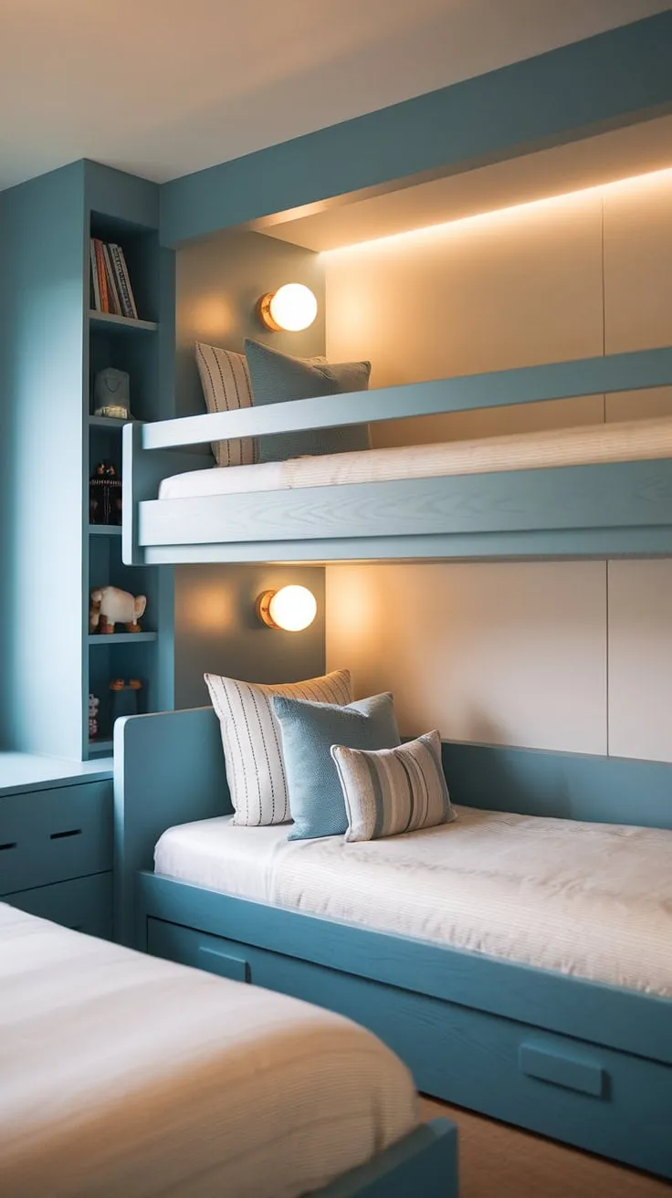 Sweet dreams are made of this: A custom-built mid-century bunk bed, perfect for twins, anchors this calming blue and white haven. The built-in shelves add practical storage, creating a space that's both stylish and functional. A true testament to thoughtful design.
