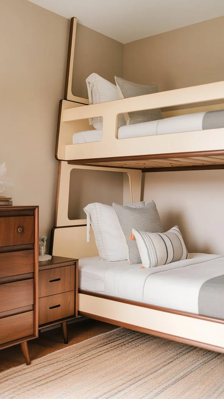 Twin dreams are made of this: A custom-built mid-century modern bunk bed, perfectly designed for sharing, creates a haven of calm and style in this serene kids' room. The neutral palette and clean lines ensure a space that's both playful and sophisticated.