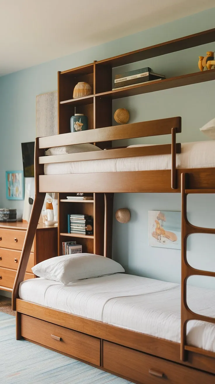Sweet dreams are made of this: A mid-century modern bunk bed, perfectly sized for twins, creates a playful yet sophisticated sleep sanctuary. The light blue walls and simple wooden furniture complete the charming, timeless aesthetic. This room is a testament to thoughtful design and childhood wonder.