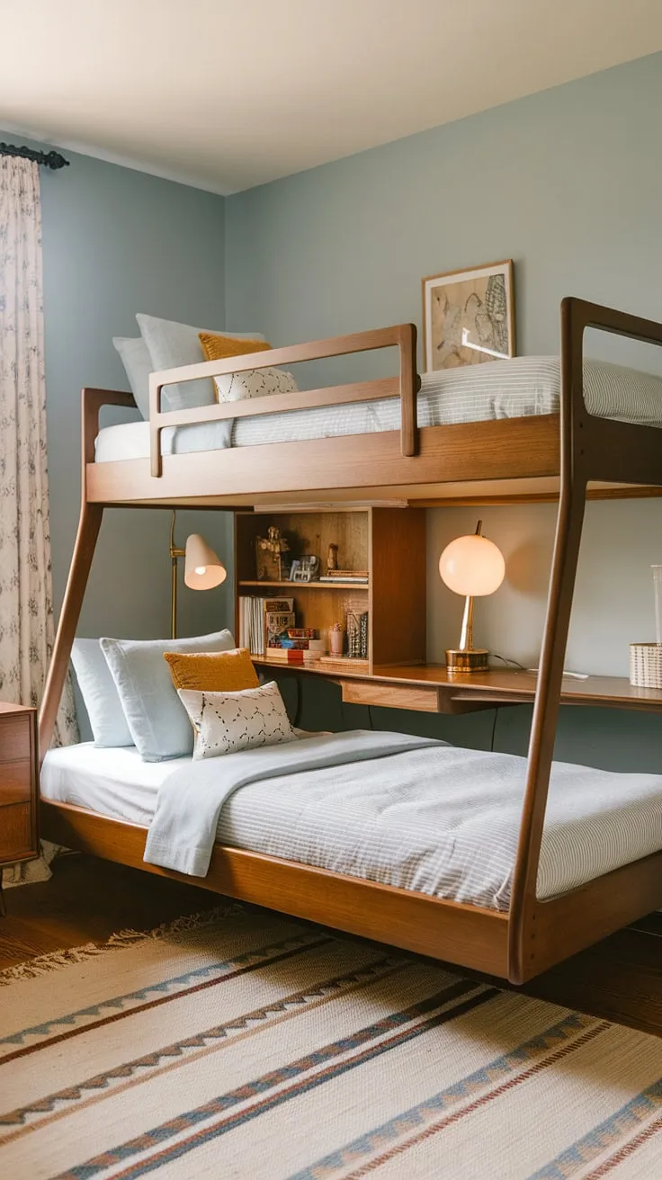 Twin dreams are made of this: A custom-built mid-century modern bunk bed, complete with a built-in desk, creates the perfect haven for siblings. The soft blue walls and thoughtful details-like the bookshelf and rug-complete this charming and functional space.