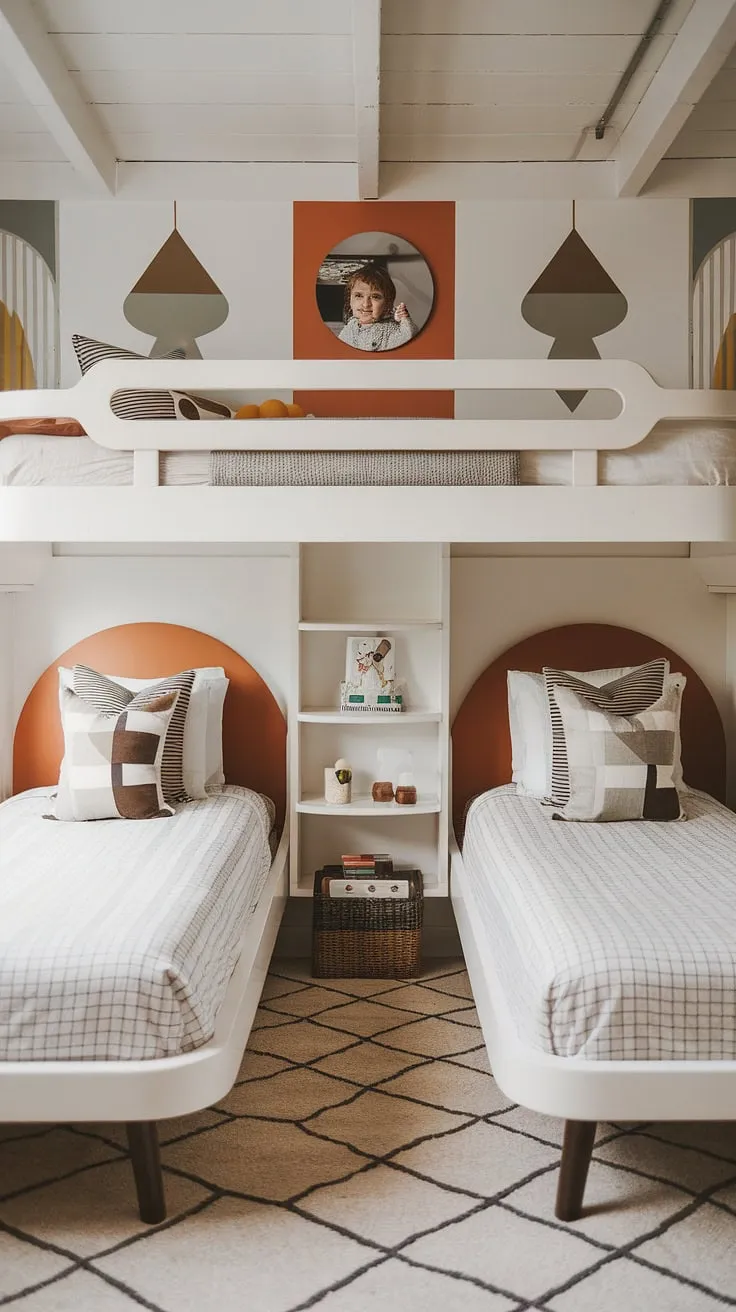 This mid-century inspired nursery is a dream come true. A beautifully crafted, white bunk bed provides ample sleeping space for twins, while the carefully curated details, including a cherished photograph, create a warm and inviting atmosphere.