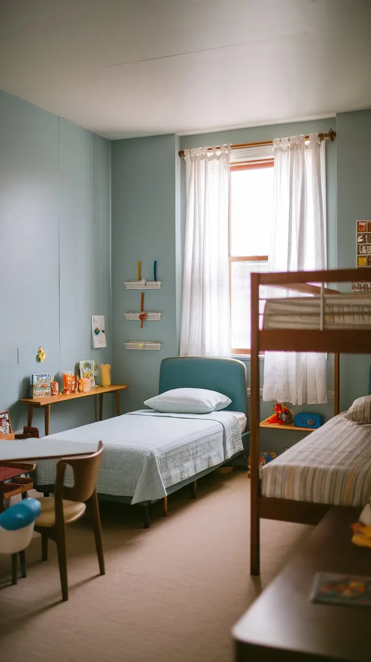 Sweet dreams are made of this: A mid-century modern kids' room, brimming with playful charm and the comforting simplicity of a bygone era. The light blue walls and simple furniture create a space where childhood adventures unfold, filled with the joy of shared bunk beds and quiet moments in a cozy twin bed. A perfect haven for imaginative play.