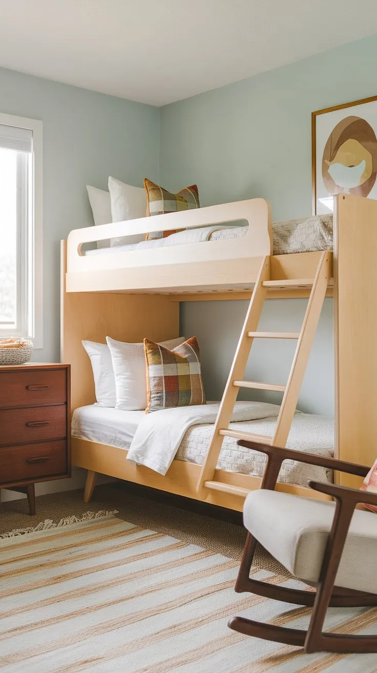 Sweet dreams are made of this: A custom-built mid-century modern bunk bed, perfectly sized for twin adventures, anchors this light and airy kids' room. The clean lines and light wood create a space that's both playful and sophisticated, complemented by a vintage dresser and cozy rocking chair. A perfect blend of form and function for growing kids.