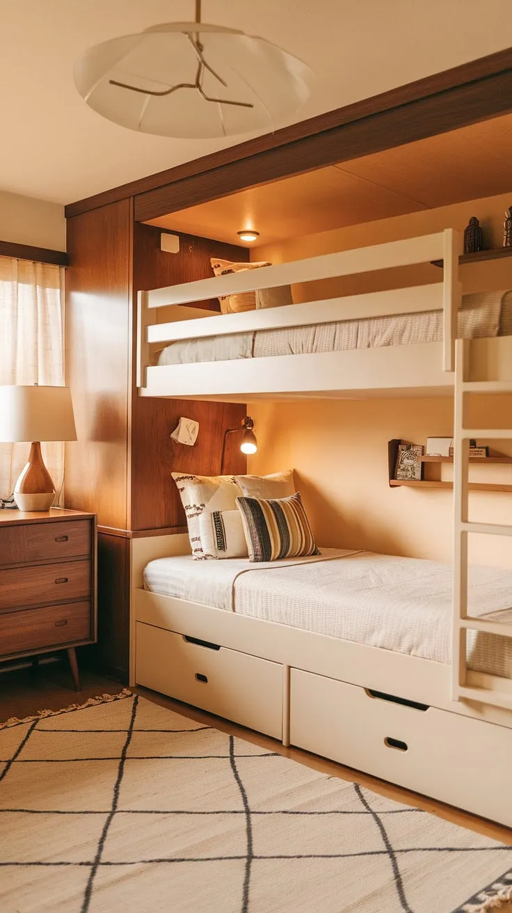 Sweet dreams are made of this: A custom-built bunk bed, complete with ample storage, anchors this warm and inviting mid-century twin bedroom. The contrasting wood and white tones create a playful yet sophisticated space, perfect for slumber parties and imaginative adventures. A vintage dresser and soft rug complete the nostalgic charm.