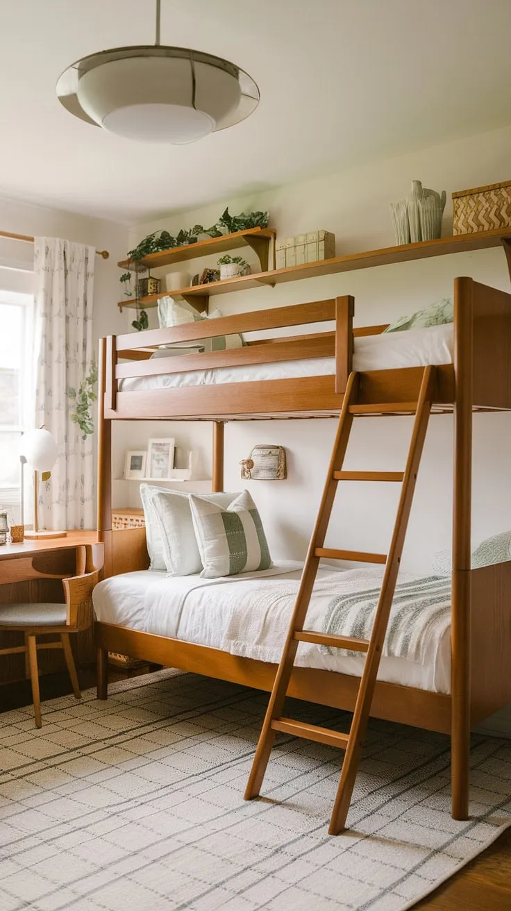 This thoughtfully designed mid-century kids' room is a testament to simple elegance. A custom bunk bed maximizes space, while the integrated desk provides a dedicated study area. The calming neutral tones and pops of greenery create a serene atmosphere, perfect for two little ones to grow and thrive in. A true design inspiration.
