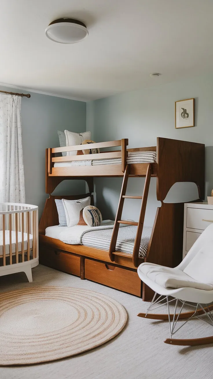 Sweet dreams are made of this: A mid-century modern twin haven, complete with custom bunk beds, a cozy rocking chair, and plenty of space for playtime. The light blue walls and white furniture create a calming atmosphere perfect for little ones.