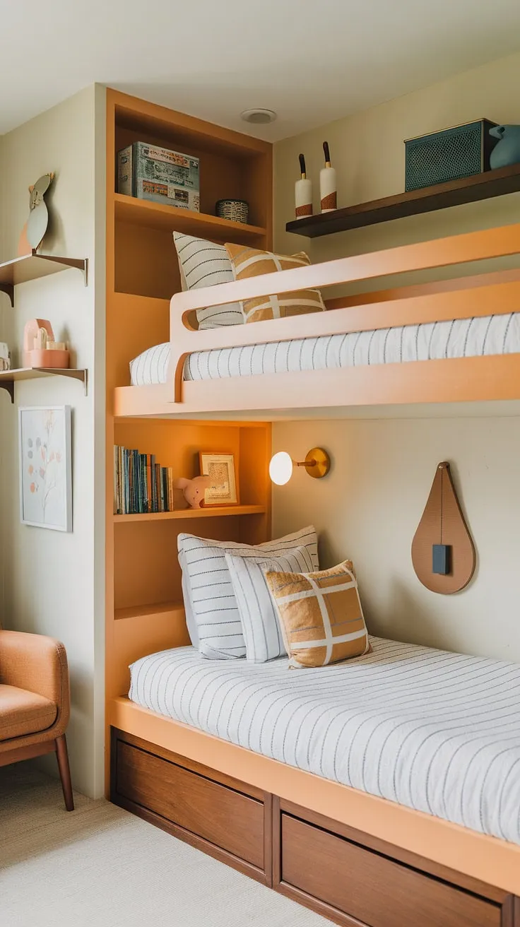 This isn't just a bedroom; it's a mid-century modern masterpiece. The custom bunk bed, cleverly accommodating twins and a smaller sleeper, is the centerpiece of this delightful space. Every detail, from the built-in shelves to the perfectly placed chair, speaks to a time when design prioritized both form and function, creating a room brimming with character and charm.