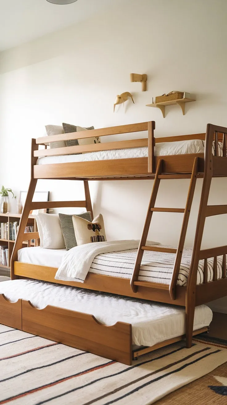 Sweet dreams are made of this: A mid-century modern bunk bed, perfectly styled for twins, creates a haven of childhood memories in this charming room. The natural wood tones and clean lines offer a timeless appeal, while the trundle bed ensures there's always space for sleepovers. A simple bookshelf and soft lighting complete the peaceful atmosphere.