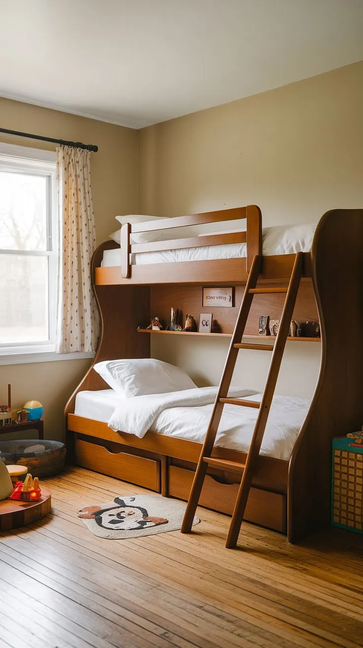 Step back in time to this charming mid-century kids' room. The built-in bunk bed, complete with ladder and shelf, is a testament to thoughtful design, offering a space where childhood dreams are built, one playful adventure at a time. The warm beige walls and wooden floors create a comforting atmosphere, perfect for imaginative play.