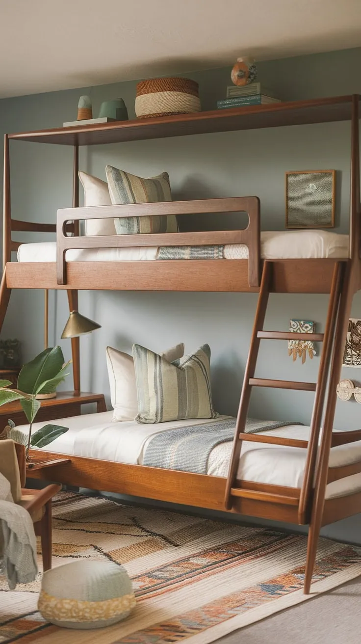 Twin dreams in this mid-century modern haven. The custom-built bunk beds, crafted from warm wood, create a cozy and playful space perfect for sharing. A soft blue hue on the walls complements the natural tones, while the added touches of a rug and plant complete the inviting atmosphere. This room is a testament to thoughtful design and childhood joy.