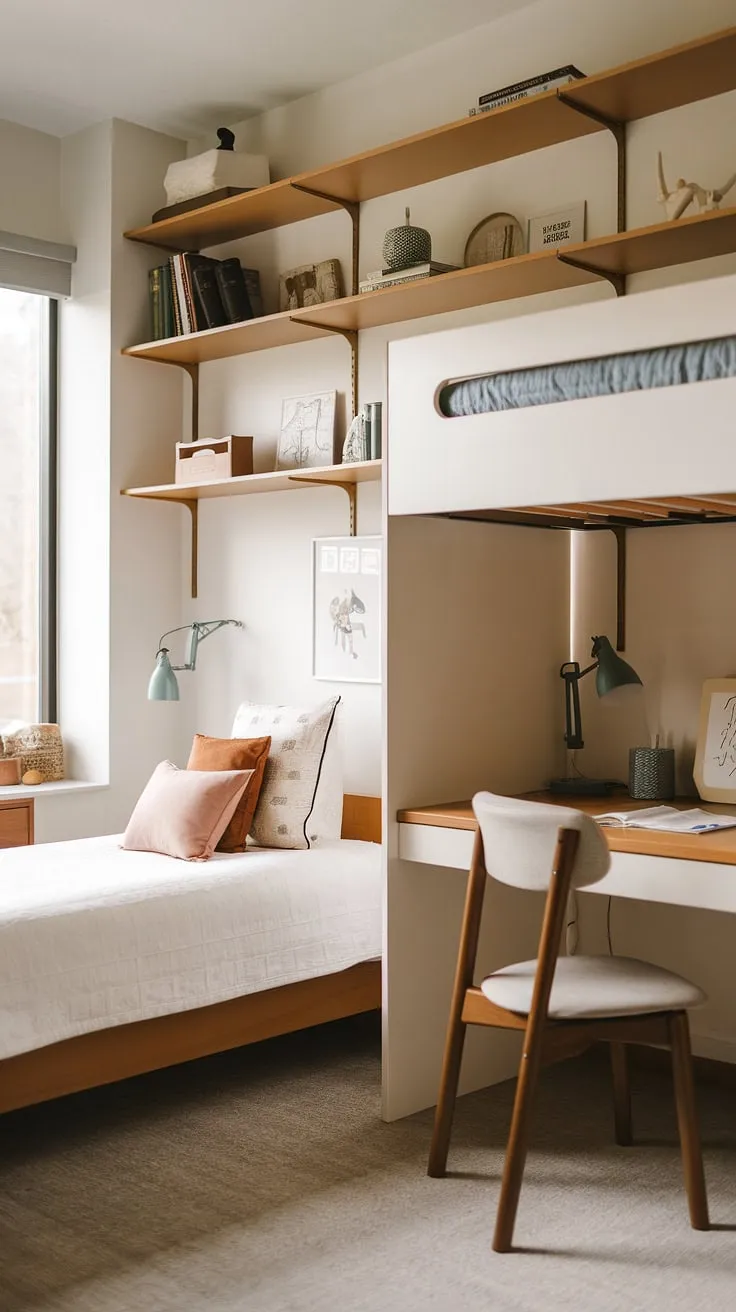 This mid-century modern kids' room seamlessly blends style and functionality. The custom bunk bed with built-in desk maximizes space, while the clean lines and neutral palette create a calming atmosphere perfect for play and learning. A simple lamp adds a touch of warmth, completing this thoughtfully designed space.