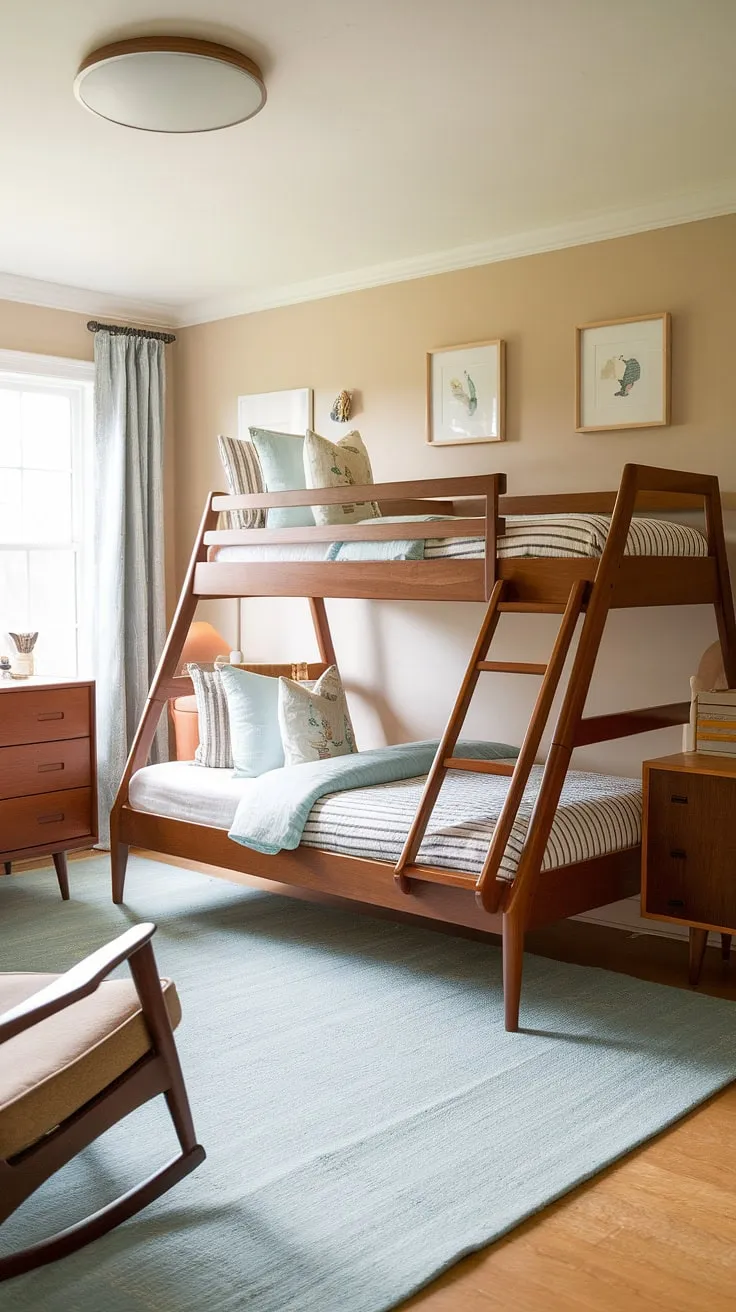 This charming mid-century inspired space is a testament to timeless design. The twin bunk bed, with its simple elegance, is the star of the show, complemented by a soft color palette and carefully chosen furniture. It's a room that feels both classic and contemporary, a space designed for comfort and happy memories. A true reflection of thoughtful design and childhood joy.