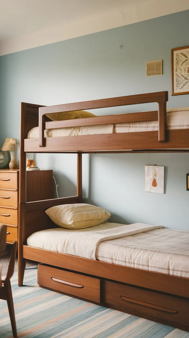 This mid-century modern twin bunk bed is more than just a place to sleep; it's a statement piece. The craftsmanship is evident in every detail, creating a playful yet sophisticated space where childhood adventures unfold. A perfect blend of form and function, this room is a dream come true for any design-conscious family.