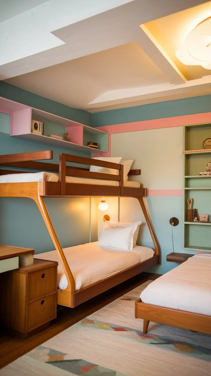 Step back in time to this dreamy mid-century modern kids' room. The custom-built bunk bed, complete with its unique design and warm wood tones, is the perfect centerpiece for imaginative play and restful sleep. A pastel palette and thoughtful details create a space that's both stylish and incredibly inviting.