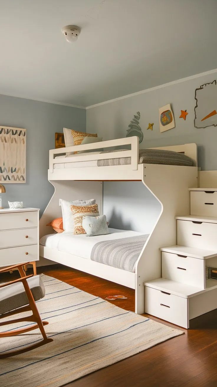 This light blue haven is pure mid-century modern magic. The white bunk bed with its built-in staircase is the perfect centerpiece for this stylish kids' room, complemented by a white dresser, nightstand, and a cozy rocking chair for bedtime stories. A perfect blend of form and function.