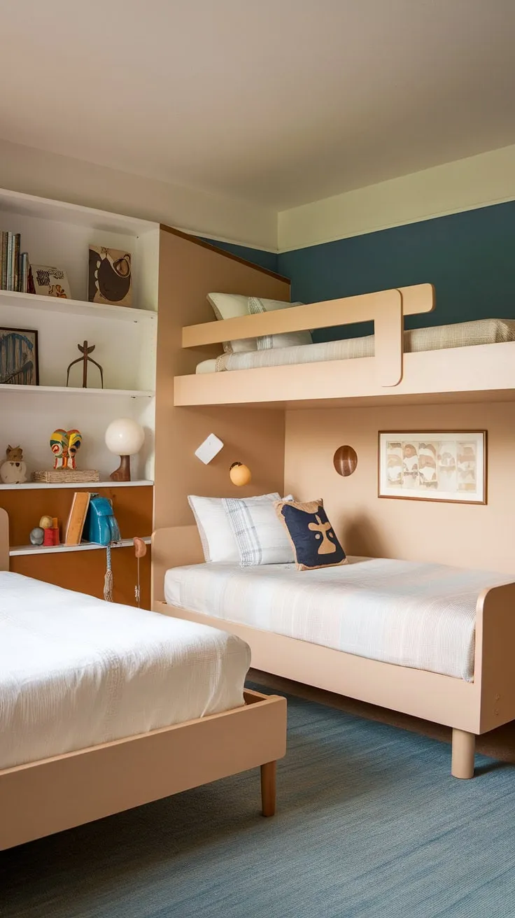 Step back in time to this charming mid-century kids' room, where custom-built bunk beds and a serene beige and blue palette create a haven of childhood dreams. The thoughtful design, complete with a twin and single bed configuration, ensures comfortable slumber for siblings or guests. A perfect blend of playful and peaceful, this space is a testament to timeless design.