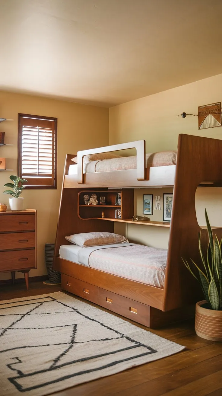 This mid-century inspired bunk bed is the centerpiece of a dreamy kids' room. The warm tones of the wood and beige walls create a sense of calm, while the built-in desk ensures a functional and stylish space for learning and play. A small window with wooden shutters lets in natural light, completing this perfectly designed children's haven.