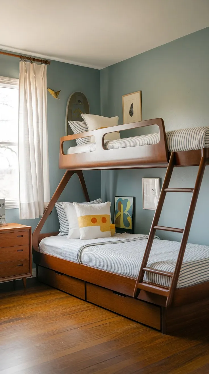 Dreamy mid-century modern kids' room, complete with a custom-built bunk bed that's as stylish as it is functional. The soft blue walls and hardwood floors create a serene space perfect for imaginative play and restful sleep. A testament to thoughtful design and timeless appeal.