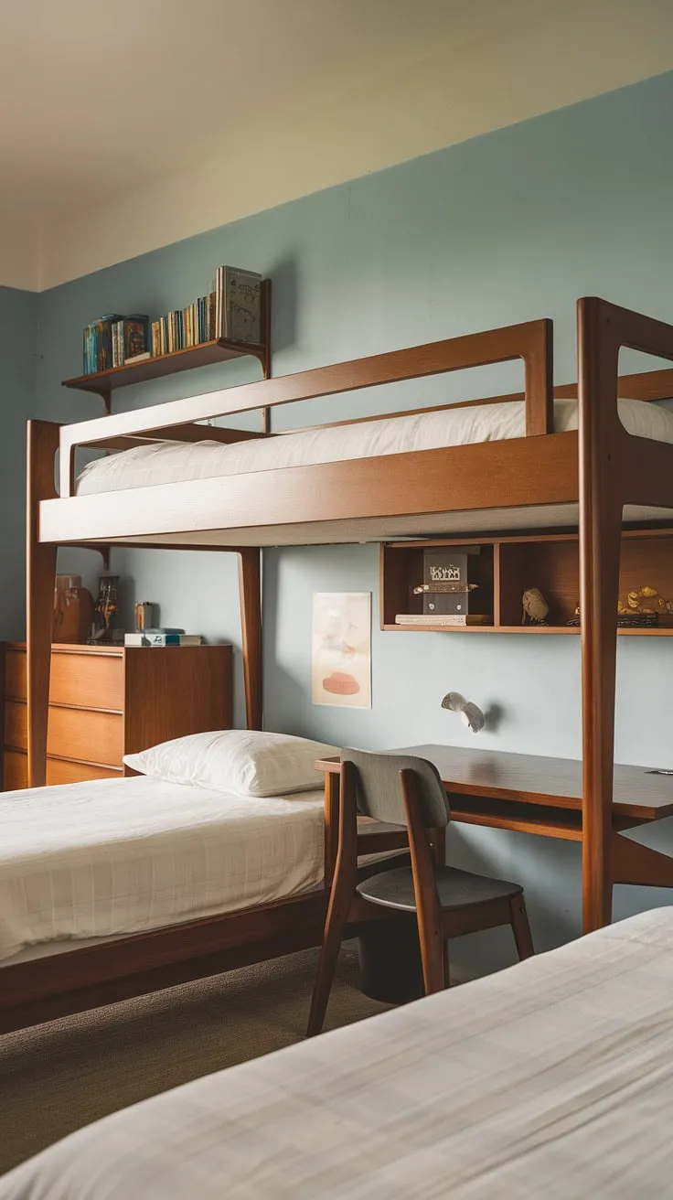 This charming mid-century kids' room is a haven of simple elegance. A perfectly scaled bunk bed anchors the space, offering ample sleeping arrangements and a built-in desk area. The soft blue walls and carefully curated furniture create a calming atmosphere, perfect for play and rest. A true design classic.