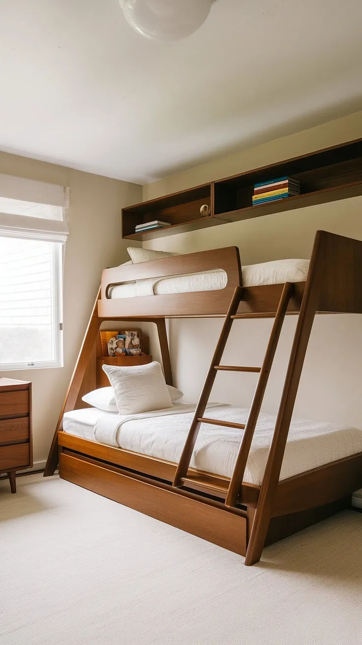 This mid-century modern twin bunk bed is more than just a place to sleep; it's a statement piece. A testament to thoughtful design and quality craftsmanship, it's the perfect centerpiece for a childhood filled with shared stories and sweet dreams. A truly special space for two.