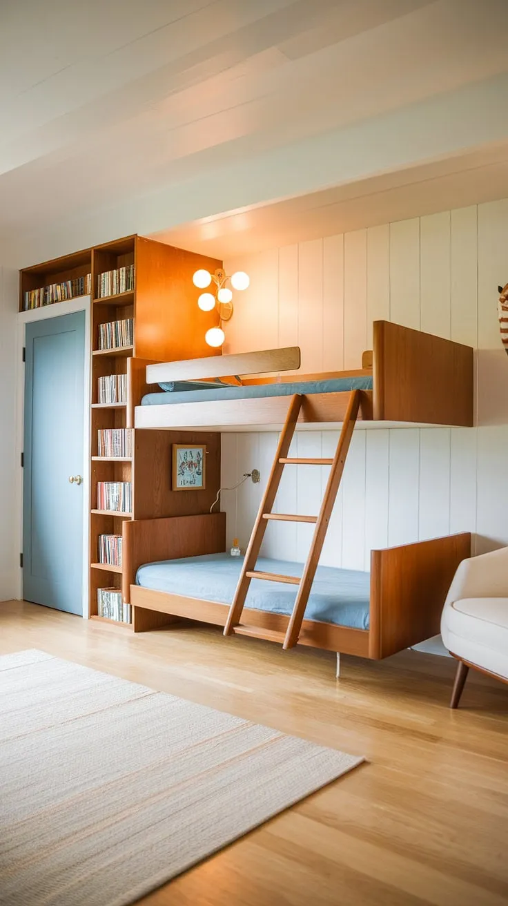 This mid-century modern kids' room is the perfect blend of playful and sophisticated. The built-in bookshelf with its vibrant blue door adds a pop of color, while the warm wood tones of the bunk beds and light wood floors create a cozy and inviting atmosphere. A perfect space for sweet dreams and imaginative play.