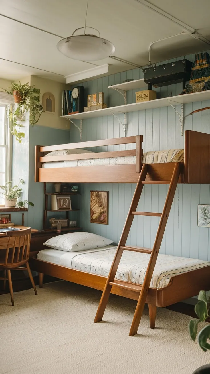 This mid-century modern kids' room is a dream come true. The classic bunk beds, white furniture, and pops of greenery create a serene and stylish space. It's a testament to timeless design, proving that simplicity and functionality can coexist beautifully. A perfect example of how to create a child's room that's both fun and sophisticated.
