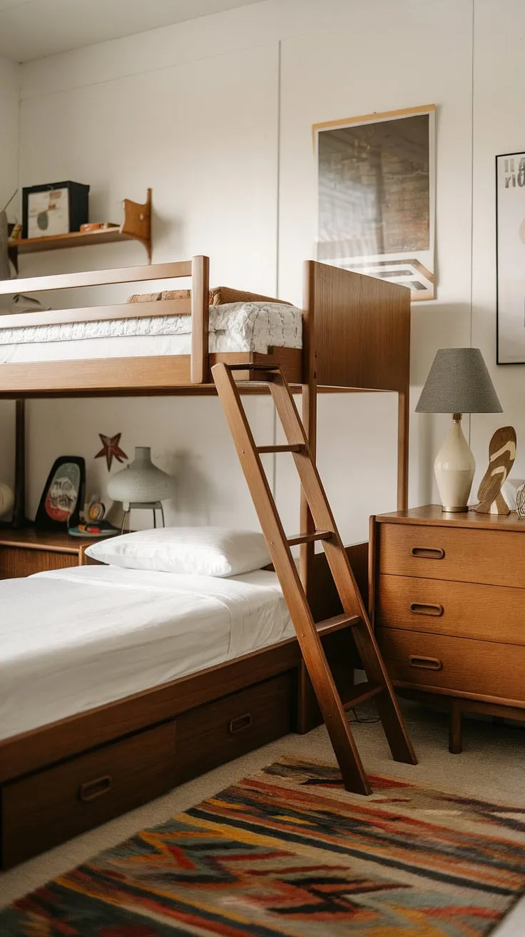 This mid-century modern kids' room is a dream come true. The custom-built bunk bed, with its full-size upper and twin lower, offers ample sleeping space, while the vintage dresser and playful poster add a touch of retro charm. A perfect blend of functionality and style for siblings sharing a room.