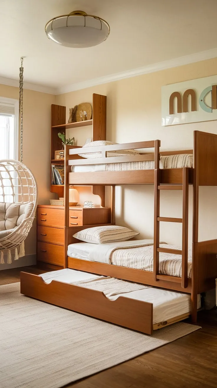 Sweet dreams are made of this: A mid-century modern kids' room brimming with charm and functionality. The natural wood tones and clean lines create a calming space perfect for imaginative play and restful sleep. The added trundle bed ensures there's always room for a friend.
