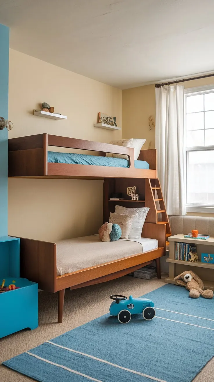 This dreamy mid-century kids' room is the epitome of childhood nostalgia. The handcrafted bunk beds, paired with the calming blue and beige palette, offer a haven of comfort and imagination. A space where dreams are made and memories are cherished.