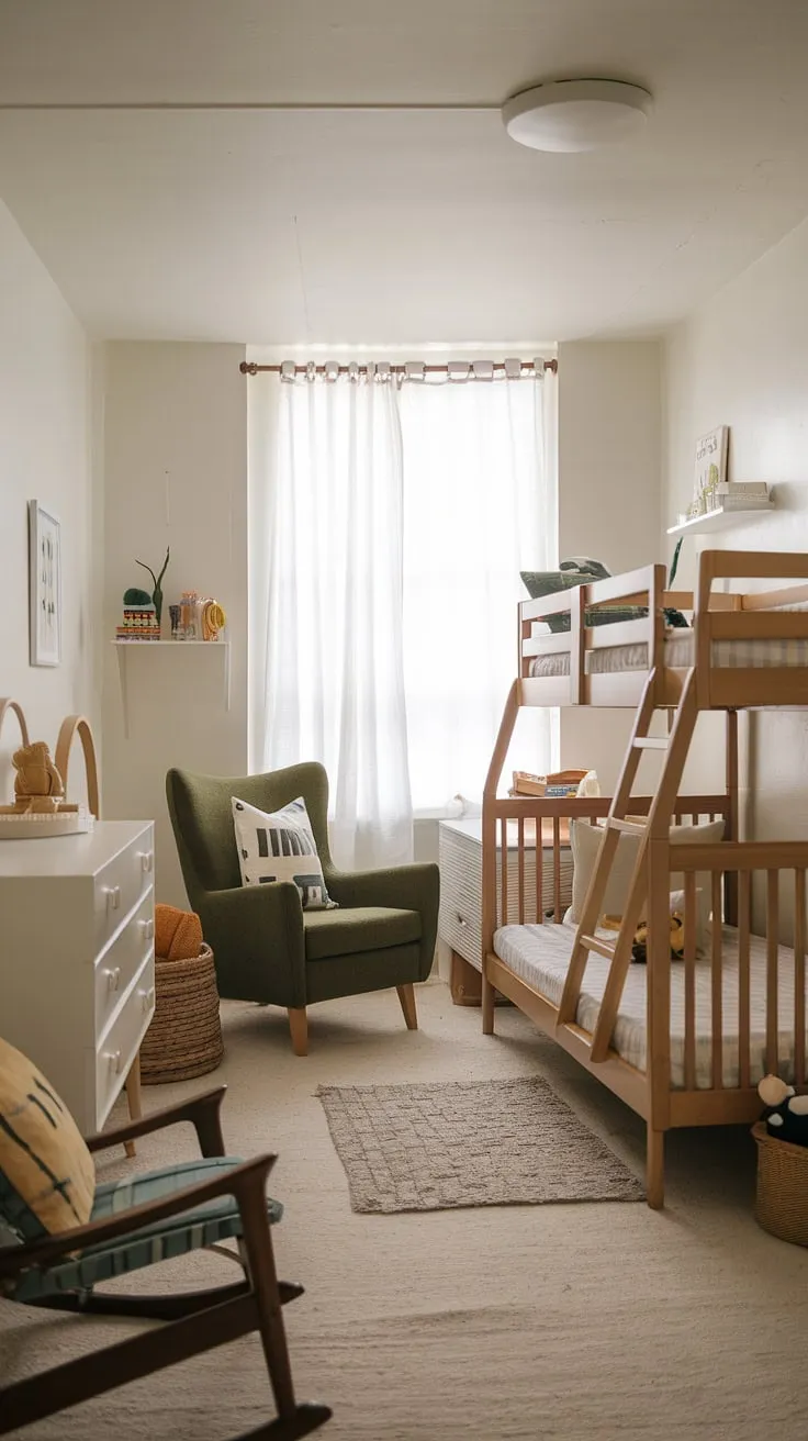 Simple lines and playful charm define this mid-century modern kids' room. The light wood bunk bed, white crib, and pops of green create a serene space perfect for childhood dreams. A timeless design that effortlessly blends functionality and style.