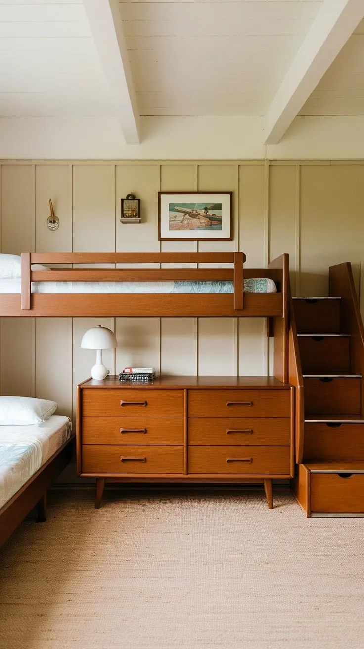 Sweet dreams are made of this: A mid-century modern kids' room, complete with a charming bunk bed, ample storage, and a calming beige palette. The perfect blend of nostalgia and timeless design. A space where childhood adventures unfold.