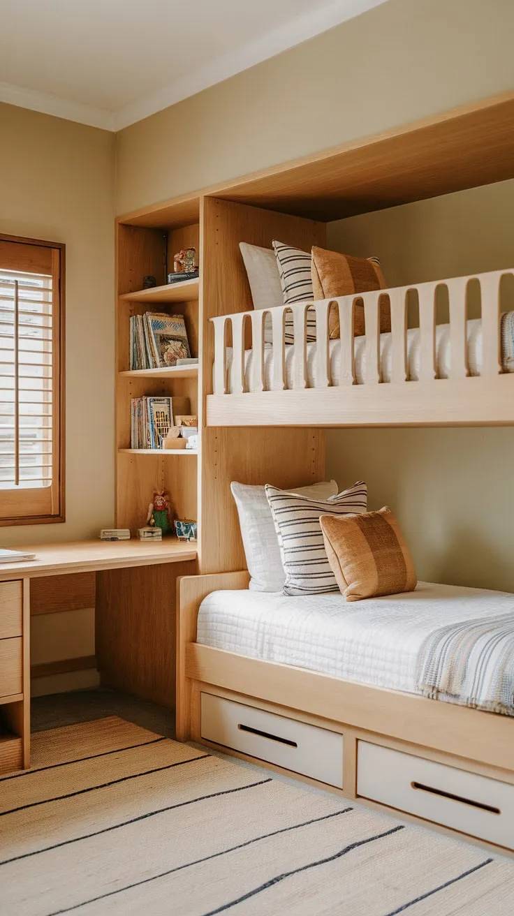 Sunlight streams through the wooden shutters, illuminating this perfectly curated mid-century modern twin bedroom. The custom-built bunk beds, complete with slatted detailing, are the centerpiece of this dreamy space, complemented by a built-in bookshelf and desk. A testament to thoughtful design and functional beauty, this room is where childhood memories are made.